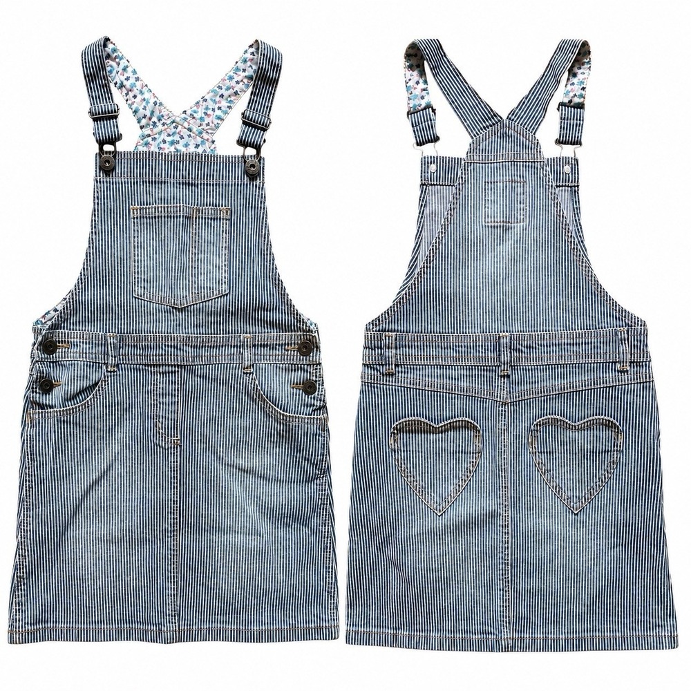Mini Boden Denim Overall Jumper Dress 9/10 Blue Striped Heart Pockets